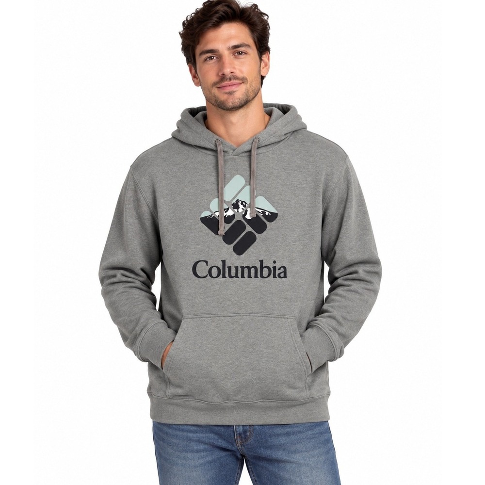 Columbia Men's L Gray Graphic Logo Pullover Hoodie Sweatshirt